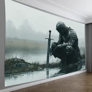 3D Knight Kneeling Wall Tapestry, Vintage Style Polyester Hanging Decor without Feathers for Living Room, Bedroom, Office - Creative Gift for Parties and General Decor, Requires No Electricity