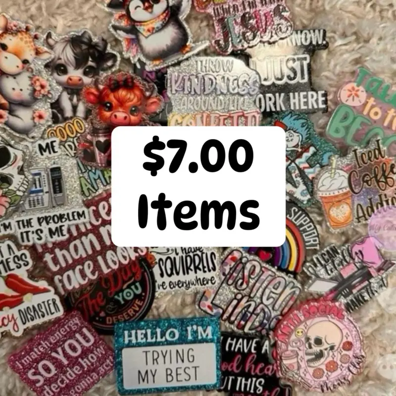 $7.00 keychains, magnets, clips, pins, magnet clips, thumbtacks, car hangers, ornaments, PICK ON LIVE