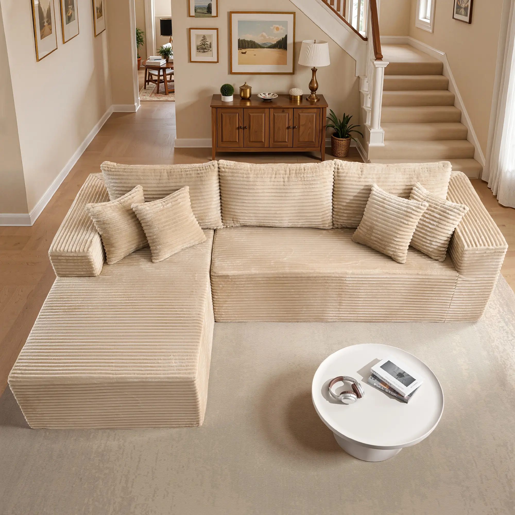 Without Ottoman Beige Left Chaise