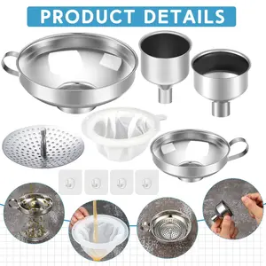 10PCS Metal Canning Funnels Set Wide Mouth Mason Jar Funnels for Filling Stainless Steel Kitchen Filter with Strainer Mesh Filter and Adhesive Hooks, Silver