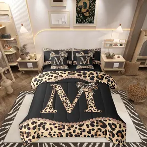 Letter Initial Comforter Bed Set with African Cheetah Bow Leopard Print Bed Bag,Girls Women Adults Modern Coquette Bow 7 Piece Bedding Set