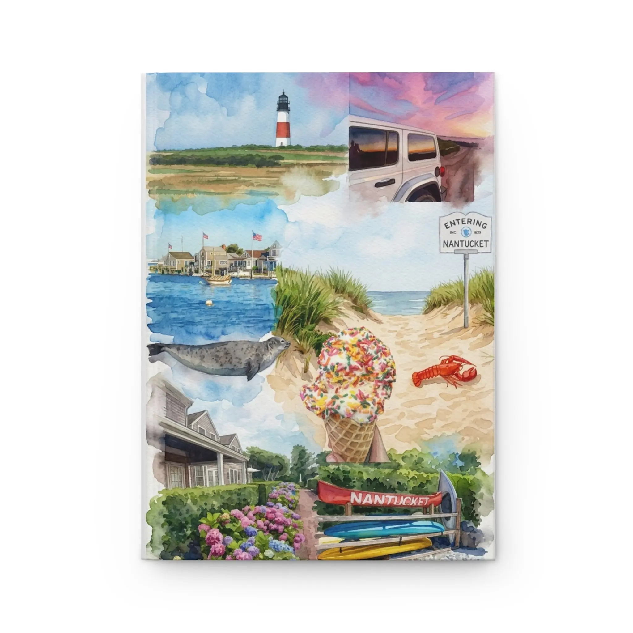Hardcover Nantucket Beach Summer Notebook - Nature-Themed Imagery Office Stationery for Coastal Vacation Memories, Printed Text, Colorful Whimsical, Illustration, Journal Style, Mini Notebooks, Printed Text Notebooks, Colorful Whimsical Notebooks