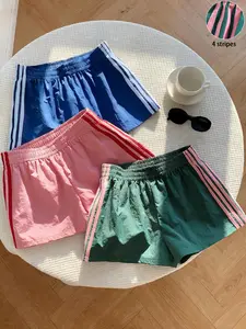 3-Pack Women's Quick-Dry Breathable Gym Shorts, Striped Drawstring Casual Summer Pants, Retro Loose Fit Waistband, Summer Sports Shorts