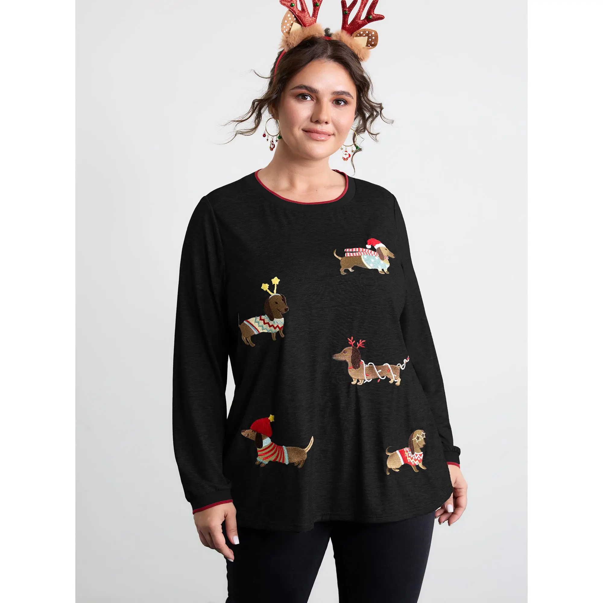 BloomChic Lady's Plus Size Playful Christmas Tshirt - Round Neck, Regular Fit, Super Soft Long Sleeve Spandex Blend Top, Embroidered, 66% Polyester, 28% Rayon, 6% Spandex