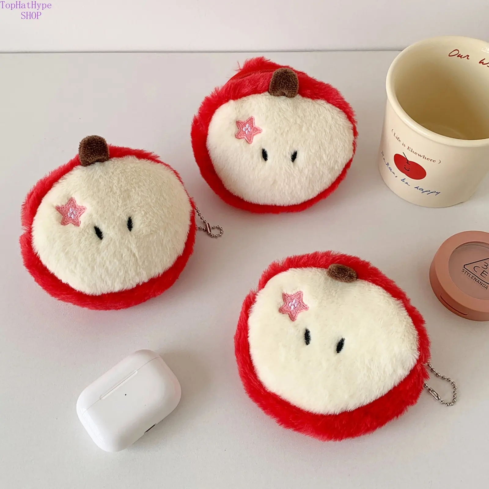 2026 New Cute Apple Shaped Plush Coin Purse, Creative Cartoon Bag Charm Keychain, Mini Multi-Purpose Storage Pouch for Earphones & Data Cables, Portable Student Organizer Ideal for School, Daily Outings, Travel & Bag Decoration