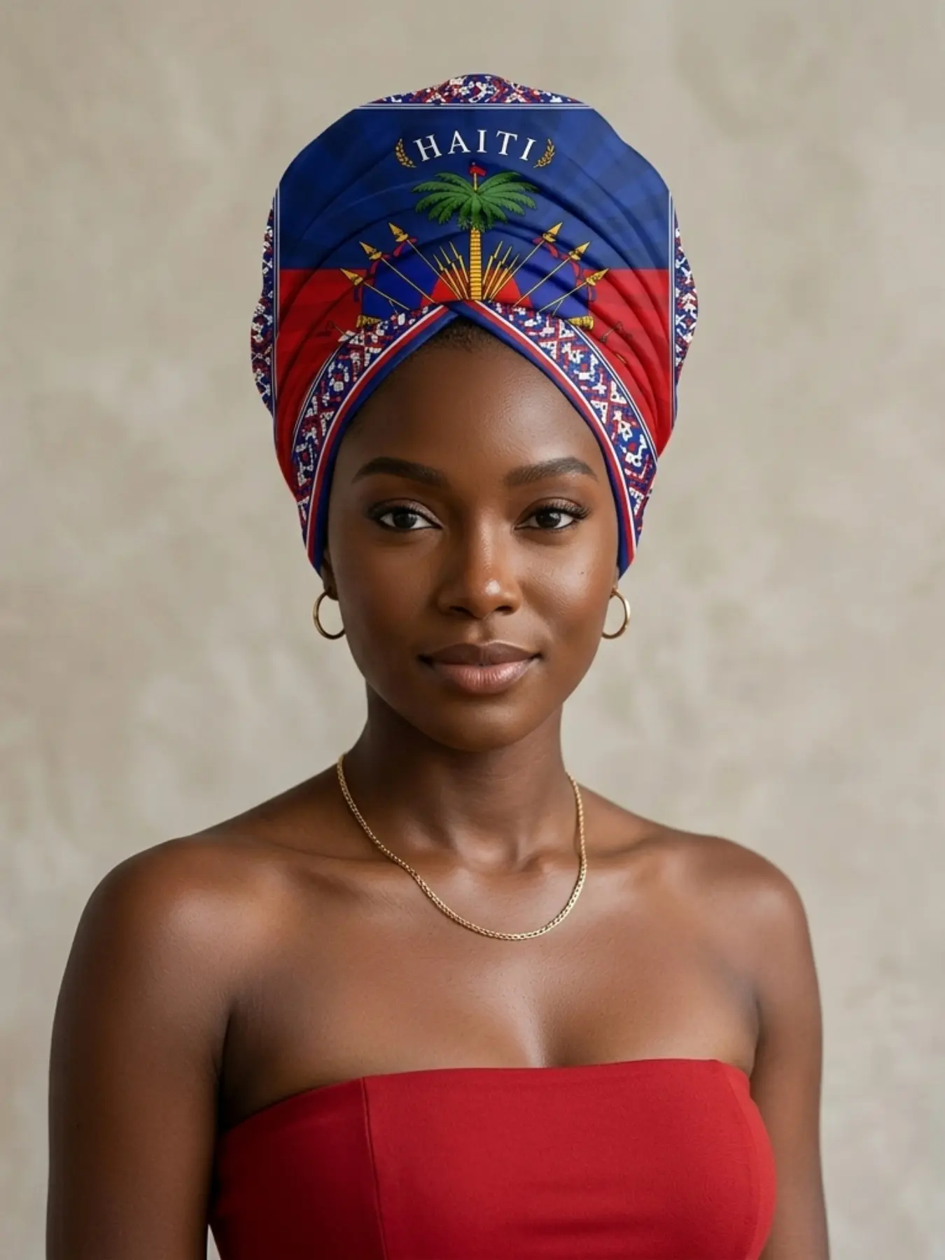 Haitian Culture - Scarf Shawl Wrap, Head Scarf with National Emblem, Palm Frond, Drum Pattern and Liberty Symbol - Statement Piece for Celebration, Festive Attire or Wall Display