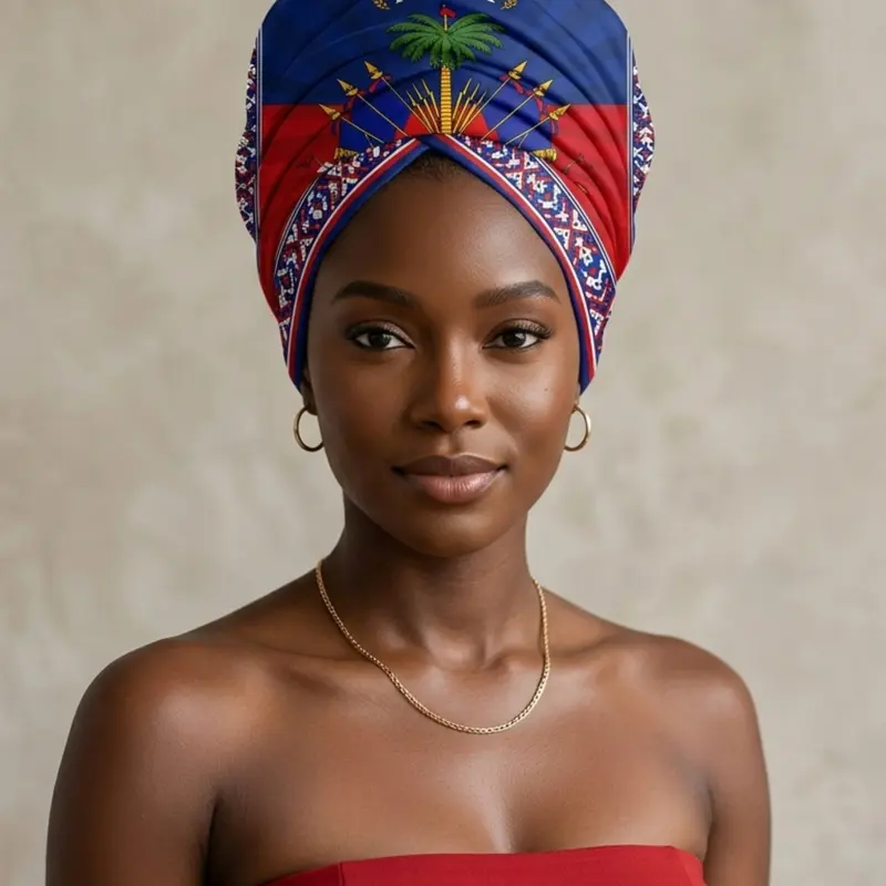 Haitian Culture - Scarf Fashion Shawl Wrap with National Emblem, Palm Frond, Drum Pattern and Liberty Symbol - Statement Piece for Celebration, Festive Attire or Wall Display