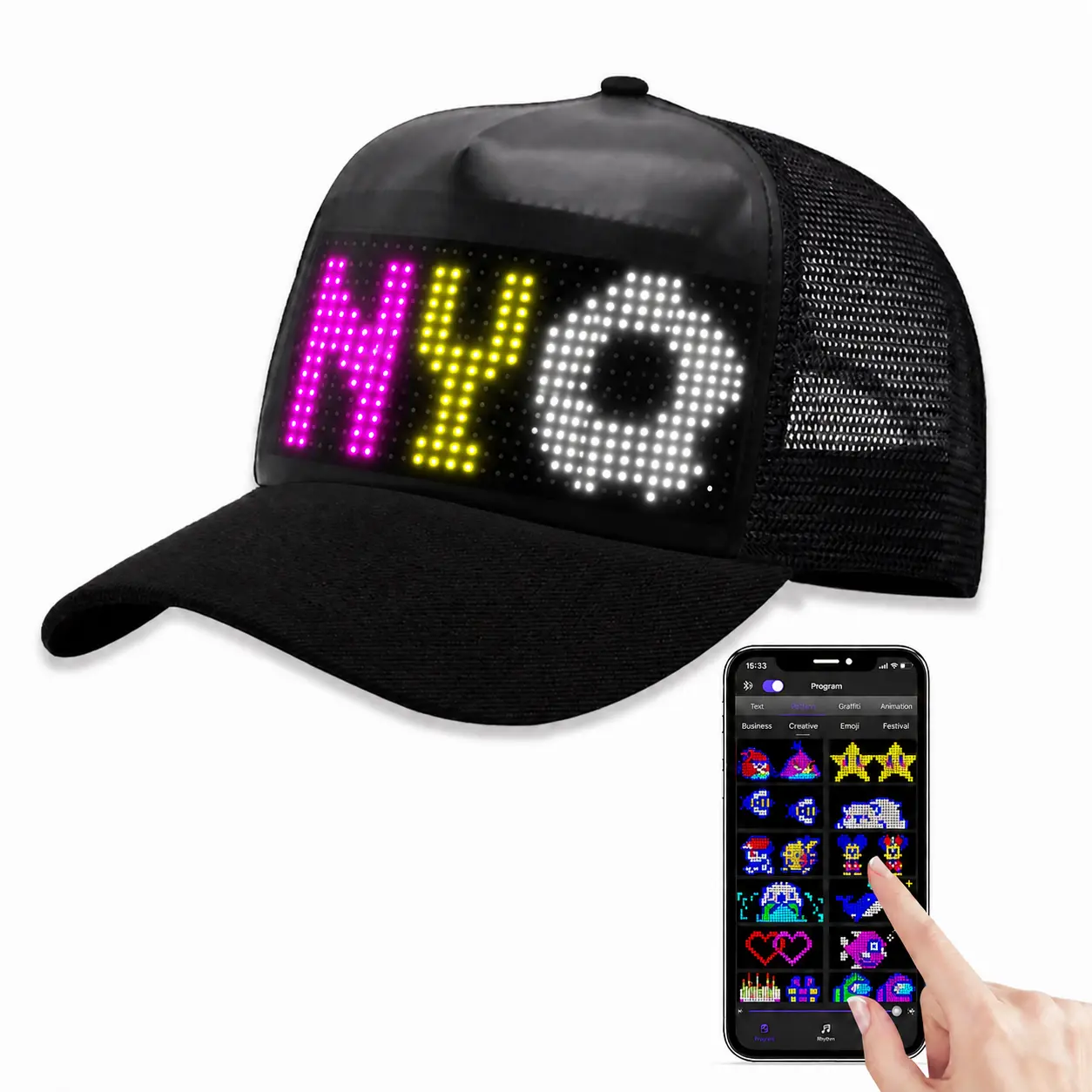 Customizable LED Hat - App-Controlled Smart LED Display Snapback Cap, Mesh Breathable Casual Sports Style, DIY Scrolling Text & Emojis, USB-C Charge, Adjustable Fit, 59-62cm Head Circumference