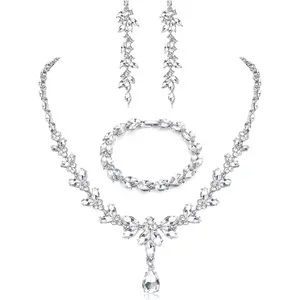 FIASASO Prom Jewelry Set Necklace Dangle Earrings Bracelet Bride Bridesmaid Crystal Bridal Jewelry Set for Wedding Rhinestone Engagement Party Prom Jewelry Set for Women Elegant Sparkling Fashionable Shiny Beautiful