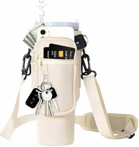 Water Bottle Carrier Bag with Phone Pocket for Stanley 40/30 oz Tumbler Neoprene Water Bottle Holder Pouch with Adjustable Strap Bollus with Straw Cover & Carabiner for Stanley Cup Accessories