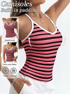 🔥 Seamless Lightweight Striped Halter Tank Top With Skin-Friendly Inner Padding, 4-Way Stretch For All Body Types, Waist Sculpting To Flatter Tummy, Open Back To Show Beautiful Back, Fit For Yoga, Workout, And Daily Commute