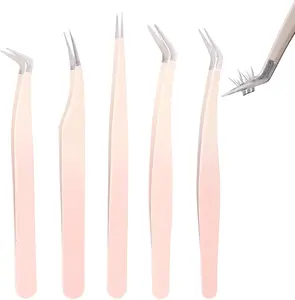 5 Pcs Lash Extension Tweezers, Lash Tweezers for Eyelash Extension, Straight and Curved Eyelash Tweezers, For Professional Eyelash Extension Artists, Girls, Women, Beginners