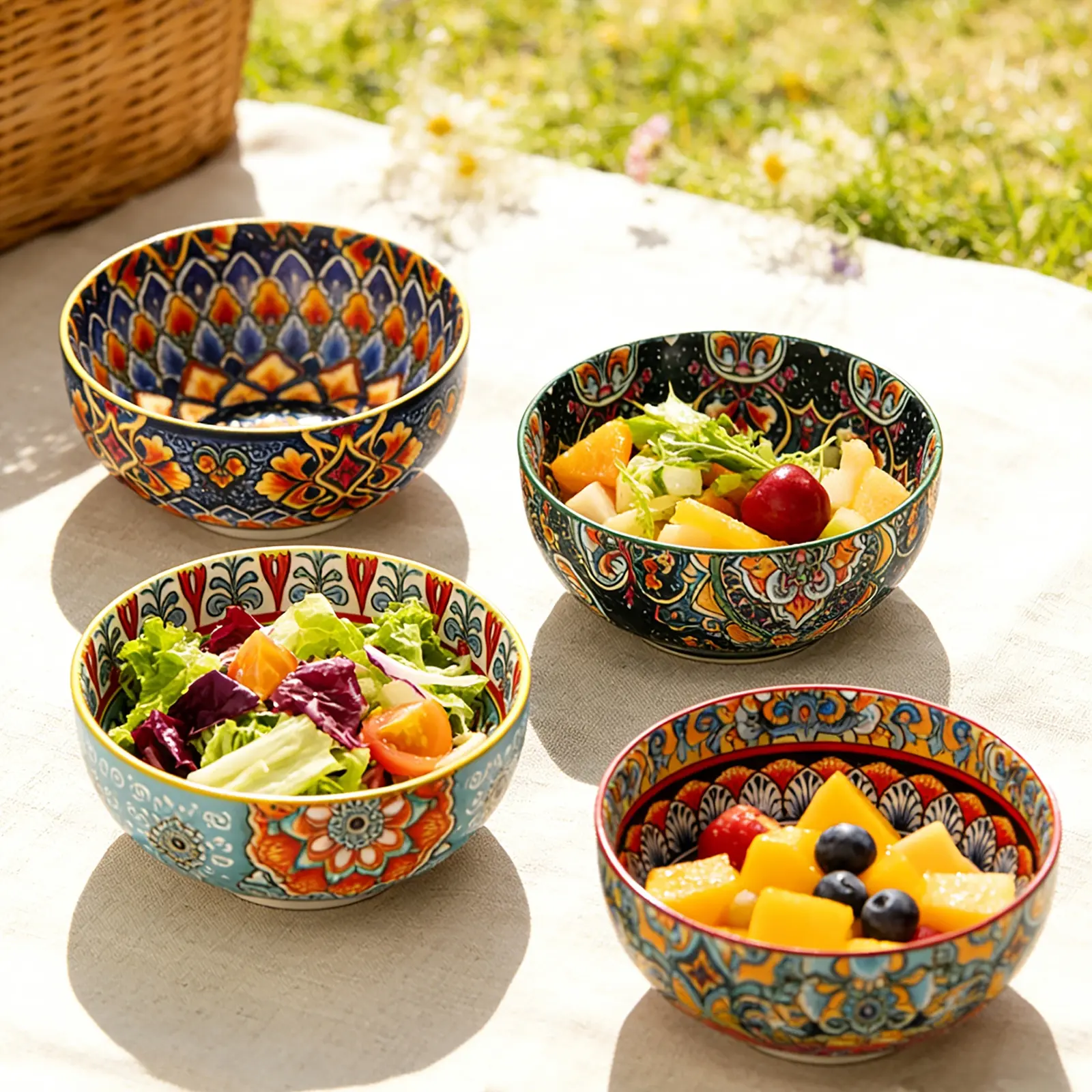Bohemian Style Ceramic Bowl, 6 Inch Soup Bowl, Cereal Fruit Snack Bowl, Microwave Safe, Four Styles Available, Home Daily Use