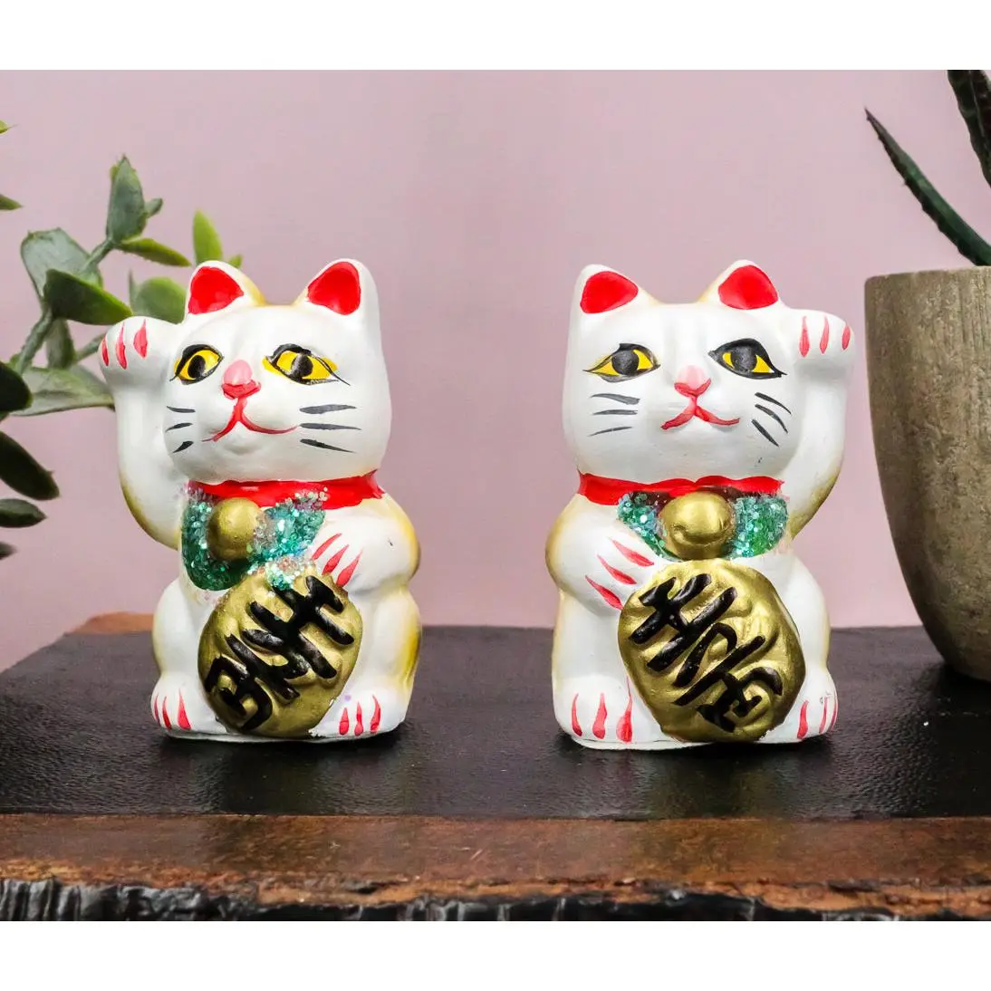 Ebros 2-Piece White Japanese Luck & Fortune Maneki Neko Ceramic Figurine Set - 1.5" Wide, 2" Tall Right & Left Paw Feng Shui Ornaments, Lucky Charm Home Decor for Shops & Pachinko Parlors, Collectible Statues