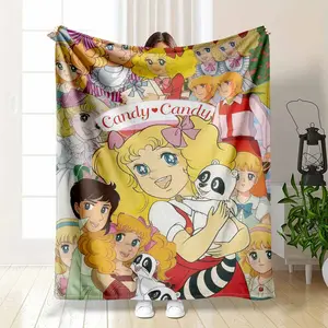 New Style Candy Candy Girl Cartoon Flannel Blanket Vintage Anime Illustration Print with Lovely Animal Companion, Essential for AC Naps, Soft Warm Cozy Throw for Bedroom Living Room Sofa Office, Perfect Holiday Gift Decor summerwins