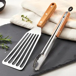 Stainless Steel Kitchen Tong with Fish Spatula Set, Comfortable Wooden Grips, Ideal for Salad, Toaster, Grilling, Cooking, Frying, Serving
