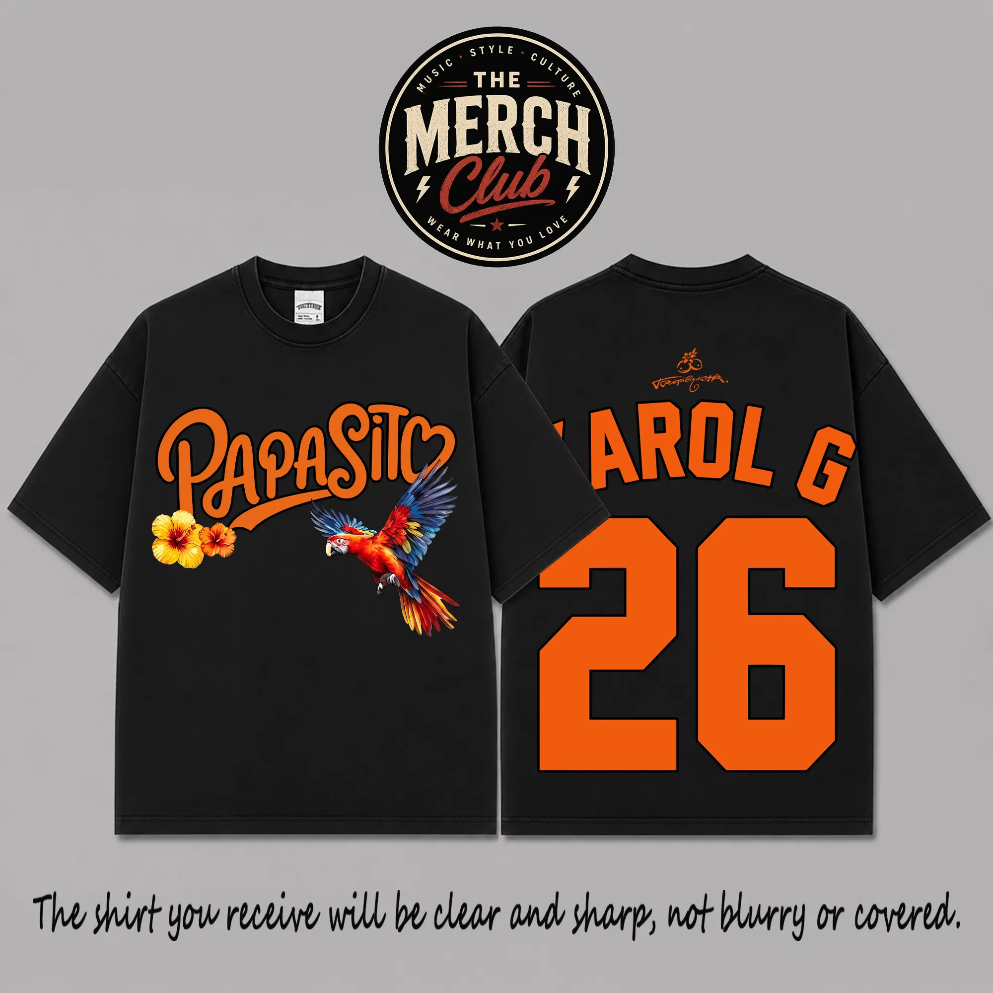 Papasito Tropitour 2026 Graphic Premium Cotton T-Shirt, La Bichota Latin Pop Fan Tee, Orange Jersey Style Concert Shirt, Tropical Parrot Music Merch, Oversized Black Streetwear Outfit, Gift for Fans