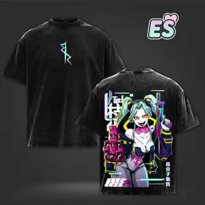 [ES] Rebecca Cyberpunk Edgerunners Anime Double Printed Vintage Washed Oversize Heavyweight Cotton Graphic T-Shirt Tee | Neon Chaos Back Print Edition