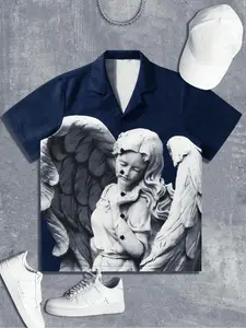 Men's Angel Print Short Sleeve Casual Style Shirt, Regular Fit Casual Comfy Button Collared Top for Summer, Men's Clothes for Daily Wear, Casual Graphic Shirt