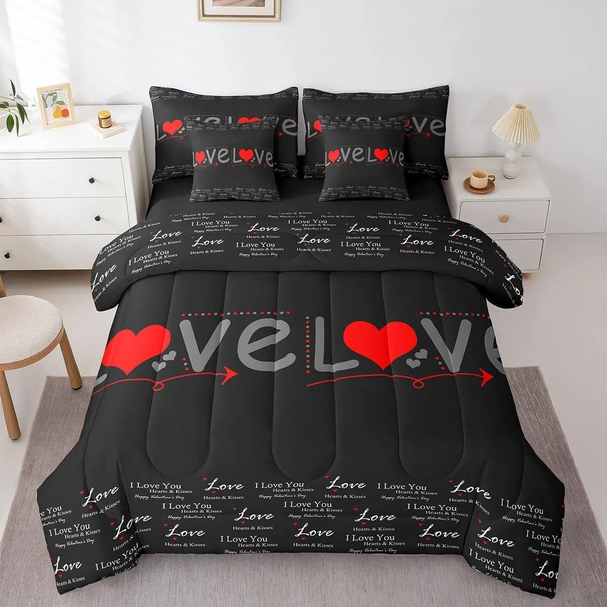 Feelyou 7-Piece Ultra Soft Heart Motif Microfibre Luxury Queen Comforter Set - Red Romantic Comforter, Breathable Bedding Decor, Valentine Gift, Machine Washable, Avoid Bleach, Comforter Queen Size, Quilt Bedding Set