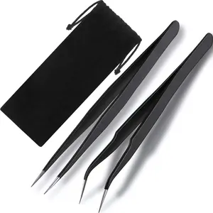 2 count Straight and Curved Tip Tweezers Eyelash Extension Tweezers, Stainless Steel False Lash Application Tools (Black)