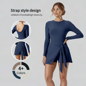 Women's Athletic Tennis Dress with Built-in Shorts & Bra Dry Fit Compression Garment Long Sleeve Bodycon Golf Exercise Activewear Solid Color
