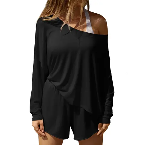 Fisoew Women's 2-Piece Asymmetrical Off-Shoulder Long Sleeve Batwing Top & Shorts Casual Loungewear Set - Soft Breathable Fabric, Pajama Sets for Women, Vacation Use