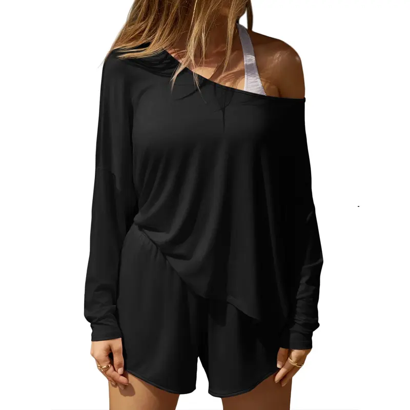 Fisoew Women's 2-Piece Asymmetrical Off-Shoulder Long Sleeve Batwing Top & Shorts Casual Loungewear Set - Soft Breathable Fabric, Pajama Sets for Women, Vacation Use