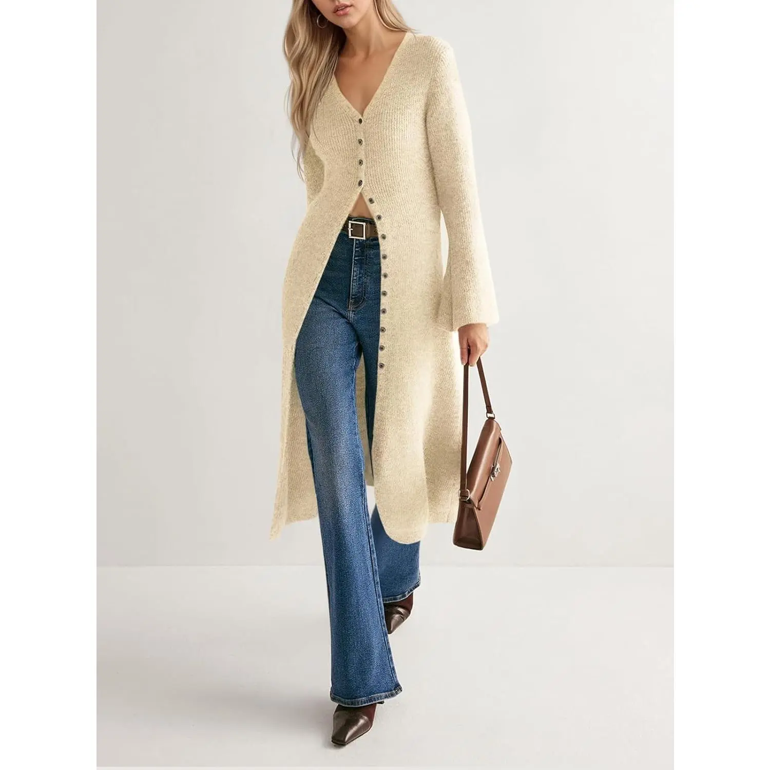 Women's Casual V-Neck Knit Cardigan, Loose-Fitting Button-Down Sweater with Long Bell Sleeves, Midi Length for Fall, Lady, Tops, Knit Fabric, Multi-Size, Refer To Size Chart, Knitting, Clothes, Casual Wear, Long Sleeve, Knitwear, Open Front