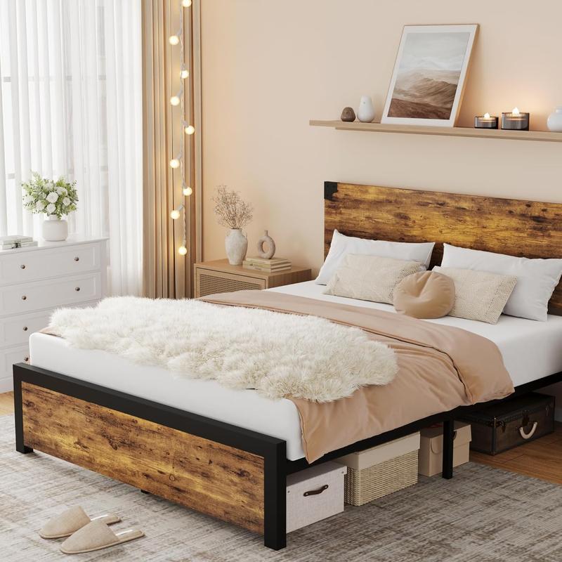 Full/Queen/King Bed Frame with Wood Headboard, Platform Bed Frame with Under Bed Storage and Metal Legs, No Box Spring Needed-Rustic Brown