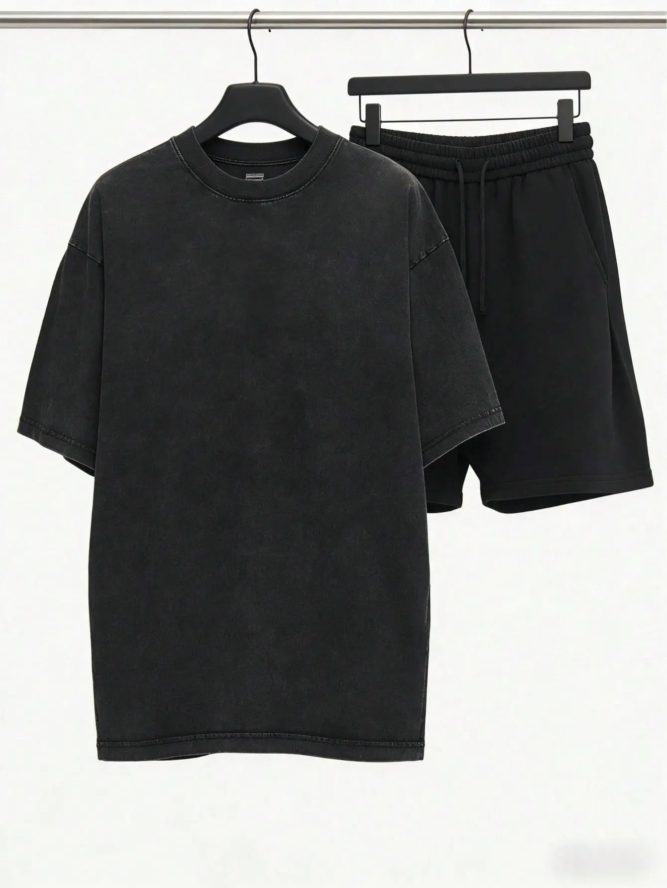 Men's 2-Piece Oversized Vintage Distressed Casual Streetwear Coordinated Set - Round Neck Plain Short-Sleeve T-Shirt, Multi-Color Shorts, Menswear, Black Option Available, Shortsleeve, 2 Piece Sets
