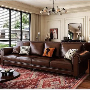 Barton Retro Brown Waxed Top Grain Genuine Leather Sofa Set, Vintage American Style Full Cowhide Leather Furniture Combination for Living Room & Villa