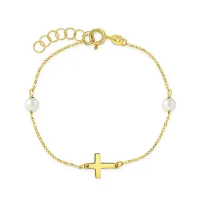 14k Gold 5-6" Polished Cross Baby / Toddler / Kids Bracelet Simulated Pearl