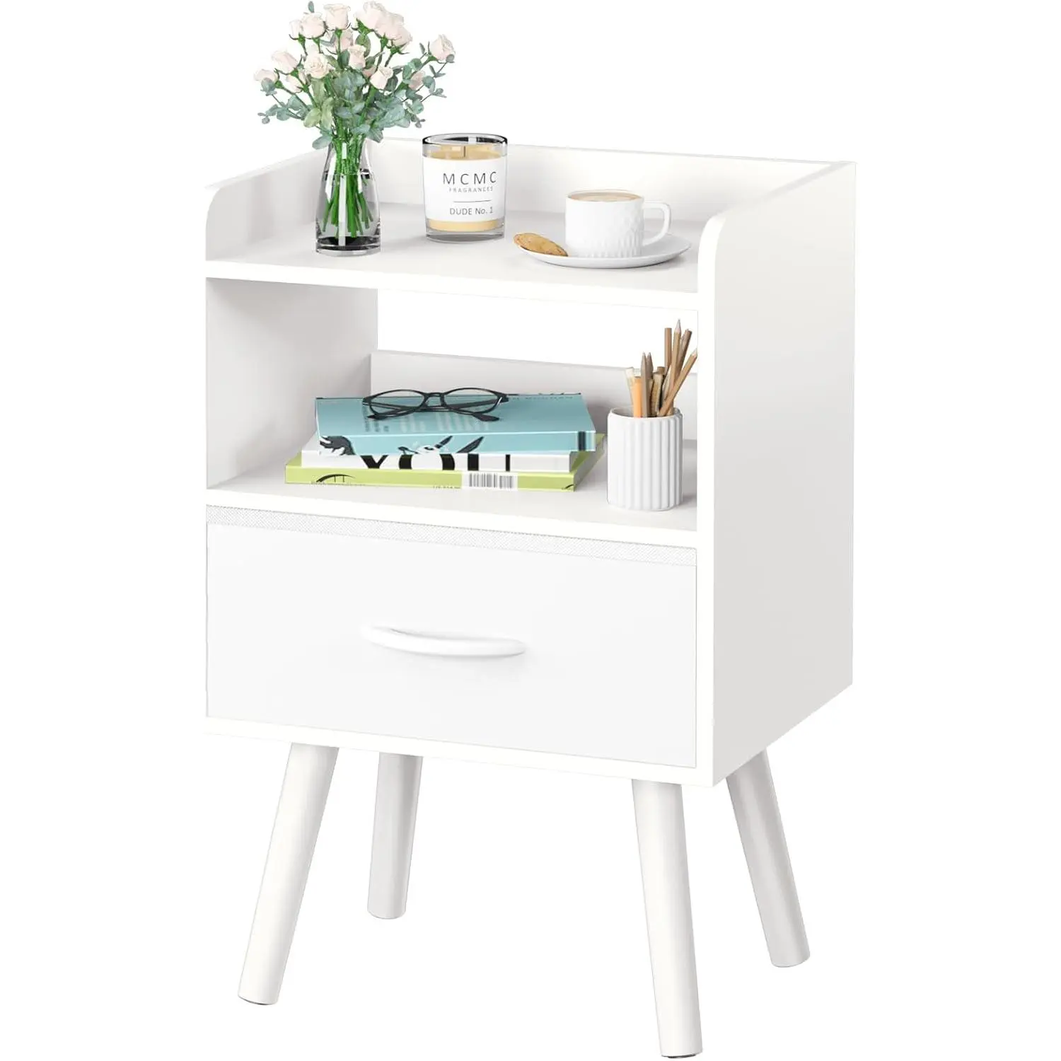 Modern Nightstand with Drawer, Bedside Tables, Mid Century Nightstands with Open Storage Shelf,  Bedside Table, Small Night Stands for Bedrooms, 2-Tier Night Table