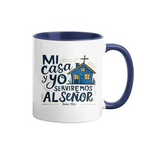 Blue & White "Mi Casa y Yo Serviremos Al Señor" Mug, 11oz Ceramic Coffee Cup, Religious Spanish Bible Verse Design, Great Gift for Housewarmings, Church Events & Family Gifts
