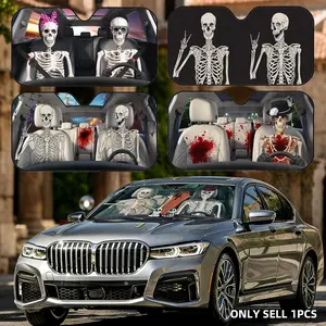 Halloween Skull Driving Sun Visor Reusable Aluminum Foil UV Protector Heat Five-Layer Insulation Windshield Sunshades Keeps Car Cool Protects Dashboard Foldable Fits Most Vehicles SUV Truck