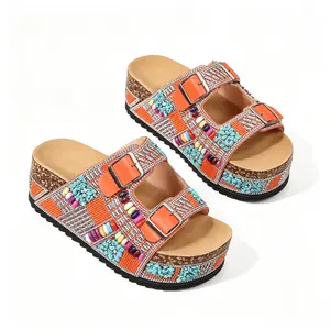 Bohemian Rhinestone Platform Slides Orange Double Buckle Wedge Sandals Summer Beach Vacation Sparkly Slippers
