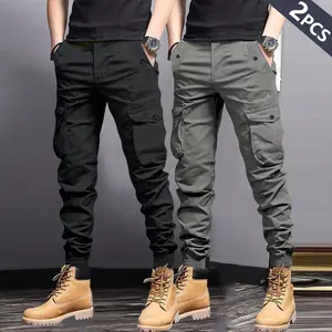 Men's Work Pants Pack of 2 - All Season Jogger Pants with Multiple Pockets & Side Panels, Casual Solid Color Regular Fit, Suitable for Loungewear, Joggers, Outdoor Activities, Trendy Casual Wear