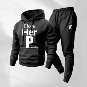 Men's 2-Piece Valentine's Day Print Hoodie & Drawstring Sweatpants Set - Casual Athletic Long-Sleeve Hooded Tracksuit for Fall, Winter Daily Wear, Indoor-Outdoor Athleisure Menswear