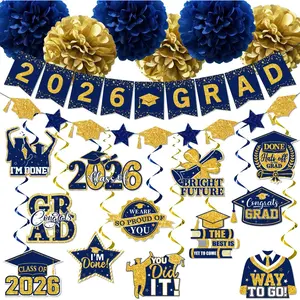 Navy Blue 2026 Graduation Decorations Includes Grad Banner and Congrats Grad Hanging Swirls, Navy Blue Gold Decor for College Class of 2026 Graduation Party
