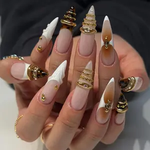 Luxury Tortoiseshell Press On Nails - 3D White Sculpted Gel Art - Gold Ring Charms Stiletto Nails - Custom High End French Tip