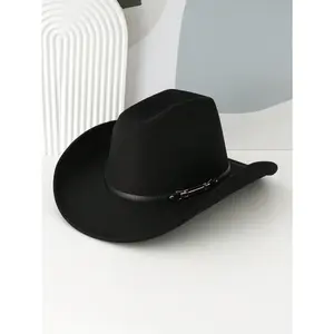 1pc Unisex Solid Color Classic Cowboy/Cowgirl Hat, Unique PU Leather Band Decoration, Suitable For Western Themed Events, Parties, Engagement, Cosplay, Graduation, Halloween, Festivals, Birthdays, Music Festivals, Casual Street Wear, Made Of Polyester Fi
