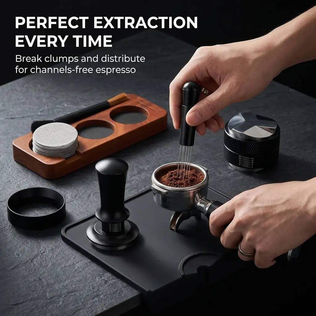 51mm Espresso Puck Prep Kit with Station, 30 lb Tamper and Distributor