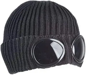 Knitted Beanie Hat Winter Thermal Skull Cap with Detachable Goggles Ear Protection Black Cotton Beanie Hat for Versatile Wear