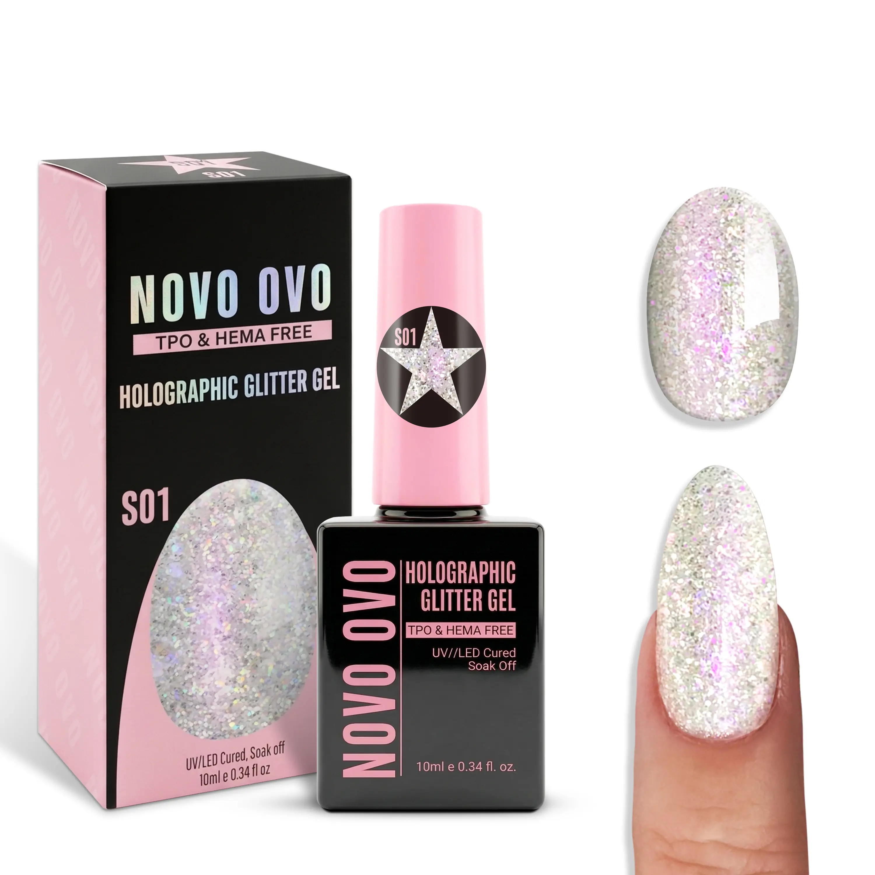 NOVO OVO Reflective Glitter Gel Polish, High Gloss Shimmer Cosmetic, HEMA-Free Resin, Soak Off UV LED Manicure, S01 Silver Stardust, 10ml Gift