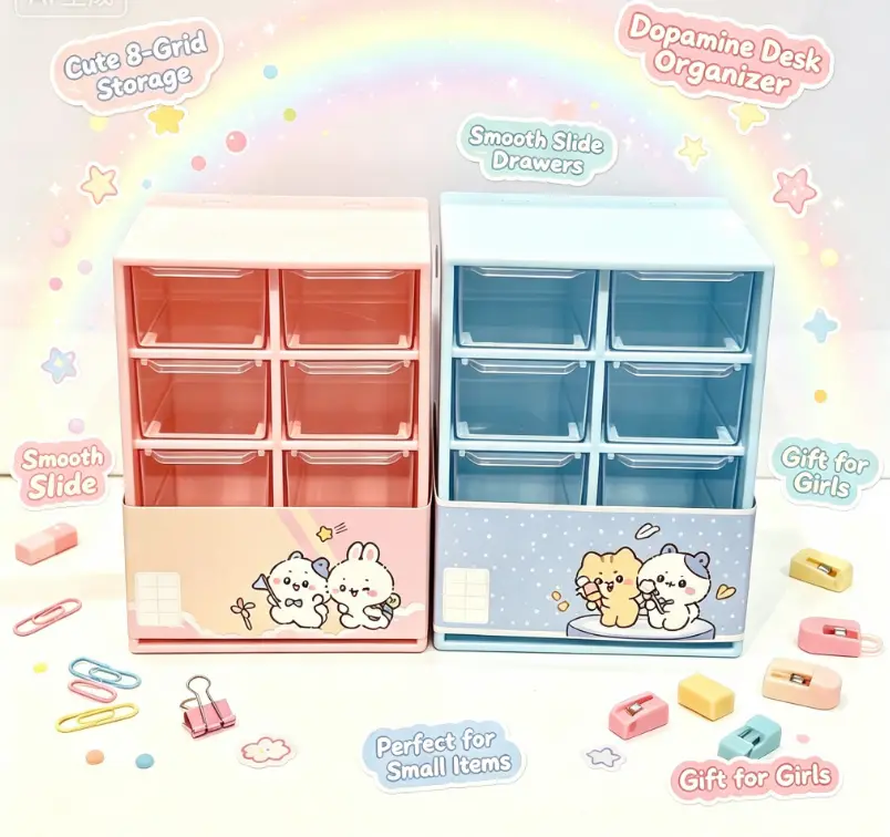 8-Grid Cartoon Desktop Storage Drawer, Cute Babunini Multi-grid Plastic Organizer Box for Stationery Trinkets