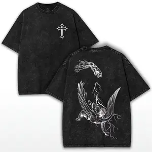 Washed Fallen Angel-Divine Judgment Graphic Tee, Christian Bible Verse Religious Aesthetic Oversized T-Shirt, Men's Streetwear Gym Top, Spiritual USA Church Easter Apparel