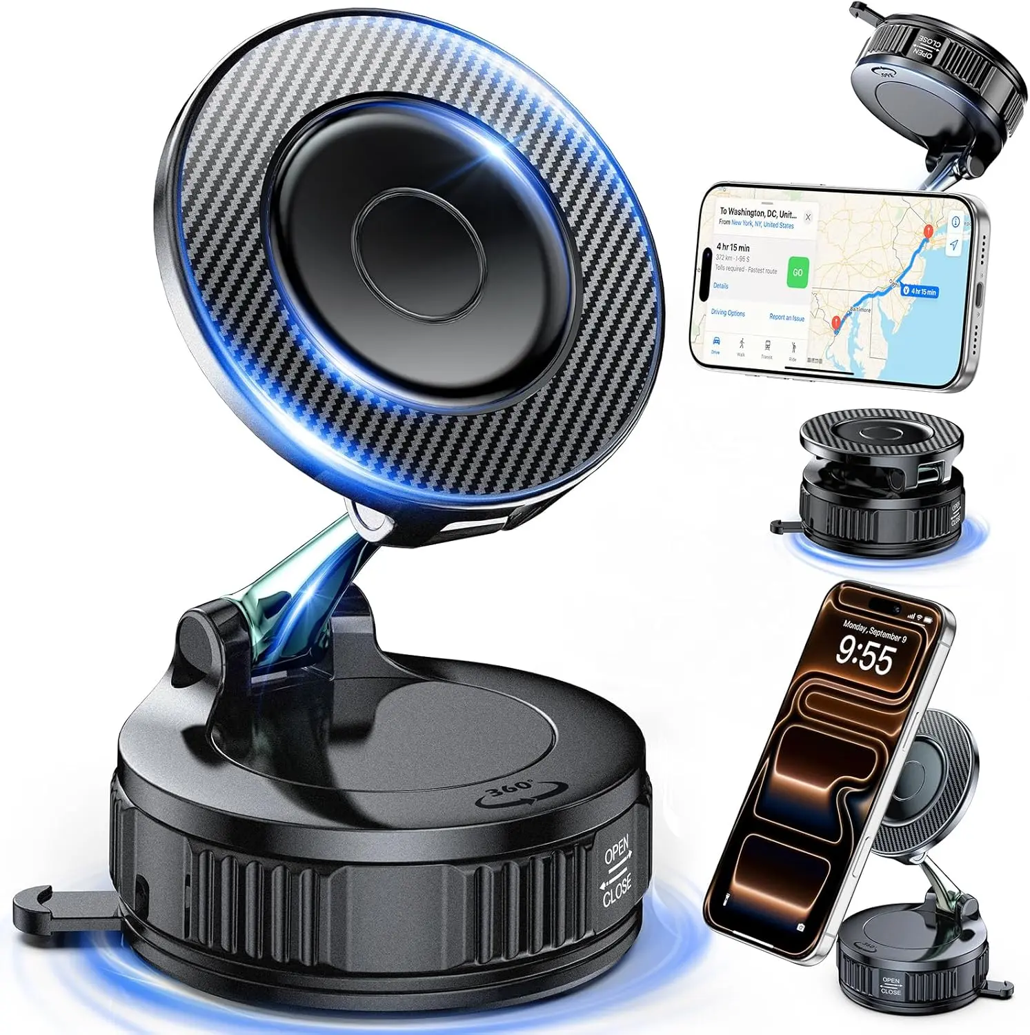 MagSafe Car Phone Holder - Carbon Fiber Mount with Super Strong Magnetic Grip, 360° Adjustable & 108LBS Vacuum Suction - Essential Car Accessory EGV