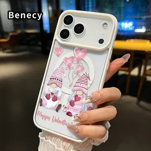Magnetic Soft Case for iPhone 17 16  Pro Max Plus 15 14 13 12 11 Air E Non-Yellowing Drop Protection Transparent Acrylic Valentine Gnome Love Pattern Shockproof Silicone Cover Supports Wireless Charging