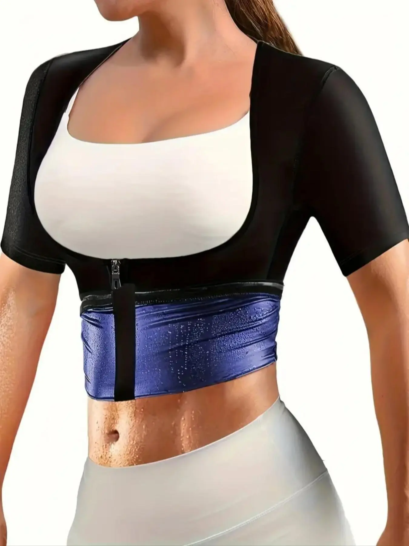 Sporty Women's Solid Color Open Bust Zip Up Sauna Tee without Bra, Sports Short Sleeve Sauna Top for Summer, Ladies Sportswear for Indoor & Outdoor Wear, Athletic Apparel, Athletic Sports Clothing, Athletic Tops, Activewear Clothes